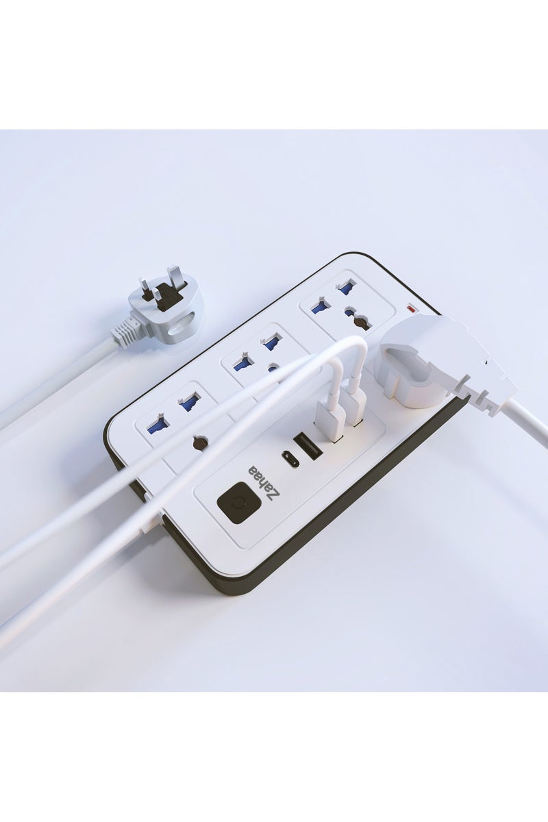 Zahaa Universal Extension Cord with 4 Power Socket and 3 USB Slots, 4 Way Power Strip with USB type C PD Charging slot, Extension Lead 3 meter - White (4S-3U-1PD) - Image 5