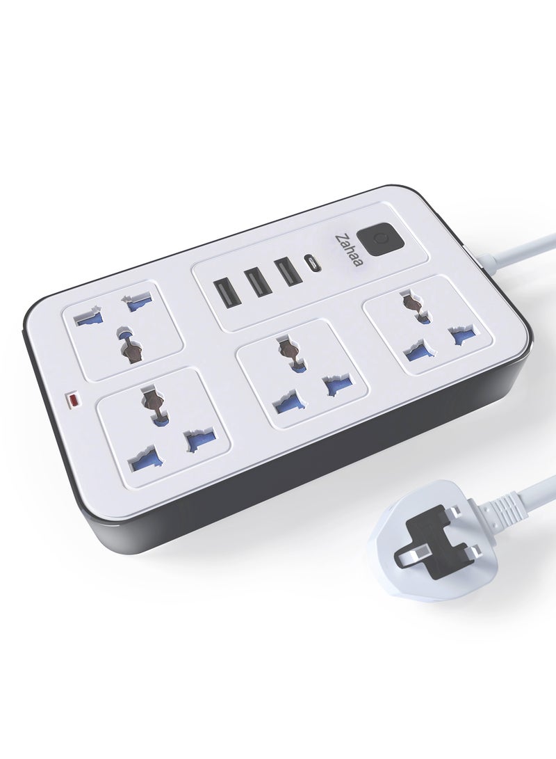 Zahaa Universal Extension Cord with 4 Power Socket and 3 USB Slots, 4 Way Power Strip with USB type C PD Charging slot, Extension Lead 3 meter - White (4S-3U-1PD) - Image 1