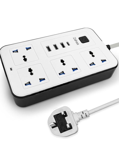 سلك تمديد عالمي من زها مع 4 مقابس طاقة و3 فتحات USB، مشترك طاقة 4 اتجاهات مع فتحة شحن USB من النوع C PD، وصلة تمديد 3 متر - أبيض (4S-3U-1PD)
