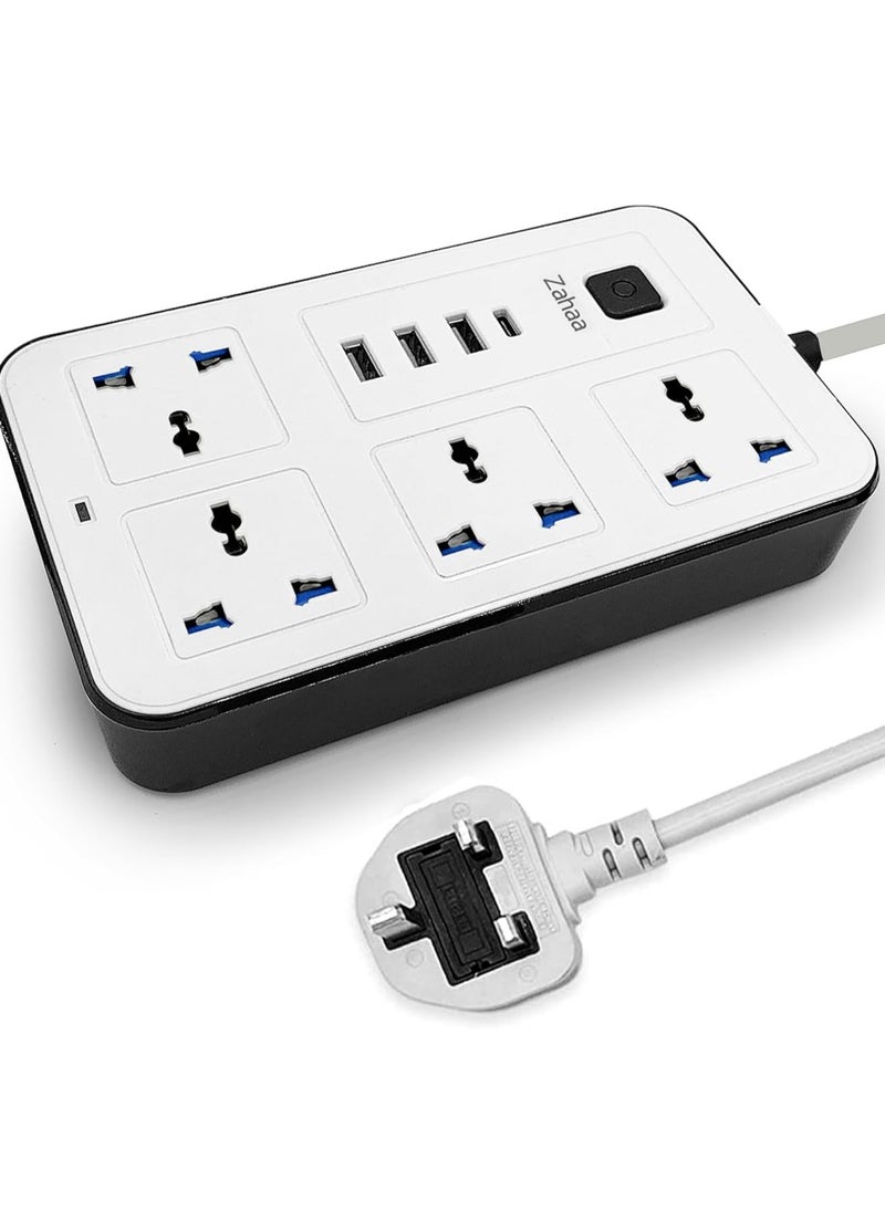 Zahaa - Universal Extension Cord with 4 Power Socket and 3 USB Slots, 4 Way Power Strip with USB type C PD Charging slot, Extension Lead 3 meter - White (4S-3U-1PD) - Image 1