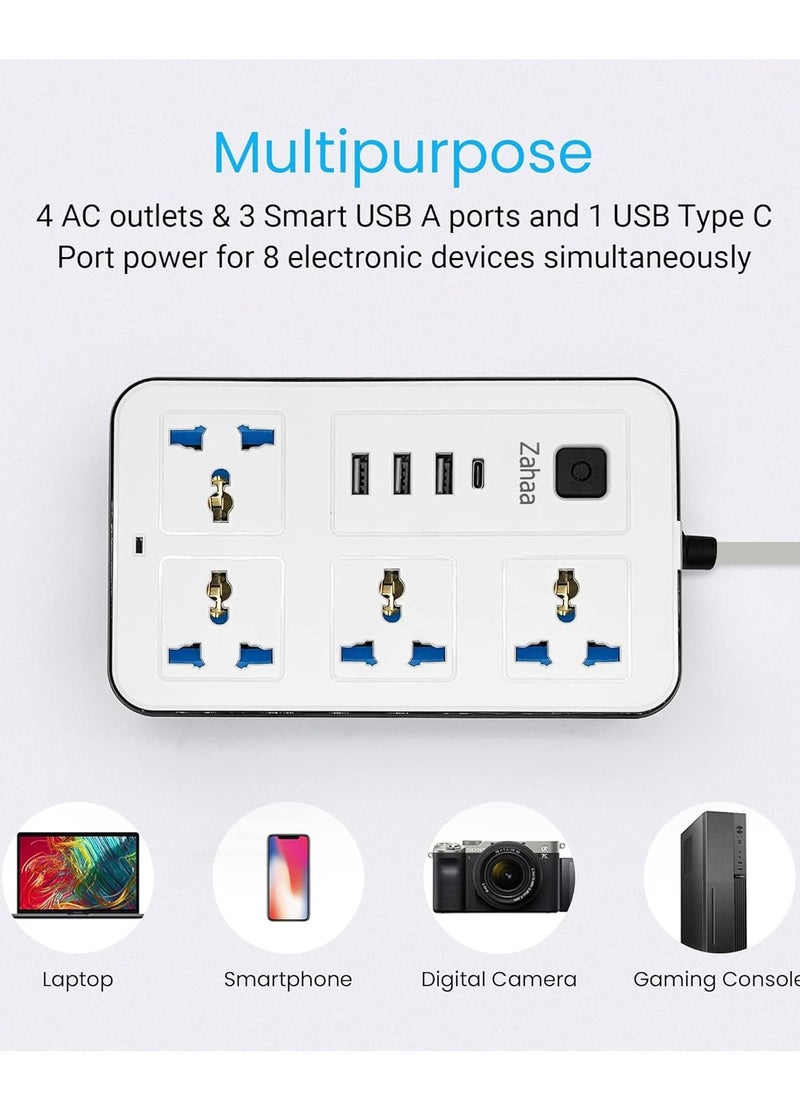 Zahaa - Universal Extension Cord with 4 Power Socket and 3 USB Slots, 4 Way Power Strip with USB type C PD Charging slot, Extension Lead 3 meter - White (4S-3U-1PD) - Image 1