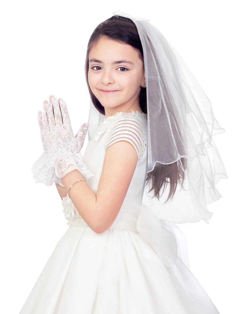 Geyoga 2 Pcs First Communion Veil and Gloves Set for Girls 1st Holy Communion Accessories for Kids Wedding Party Costume(Stylish) - Image 1