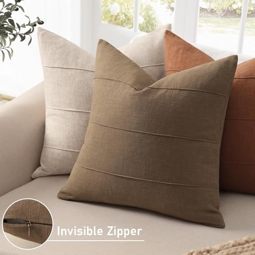 ZWJD Decorative Linen Throw Pillow Covers 18x18 Set of 2 Solid Handcrafted Striped Cushion Covers for Bed Soft Modern Farmhouse Neutral Pillowcase for Couch Bedroom Living Room Home DecorCoco Brown - Image 3