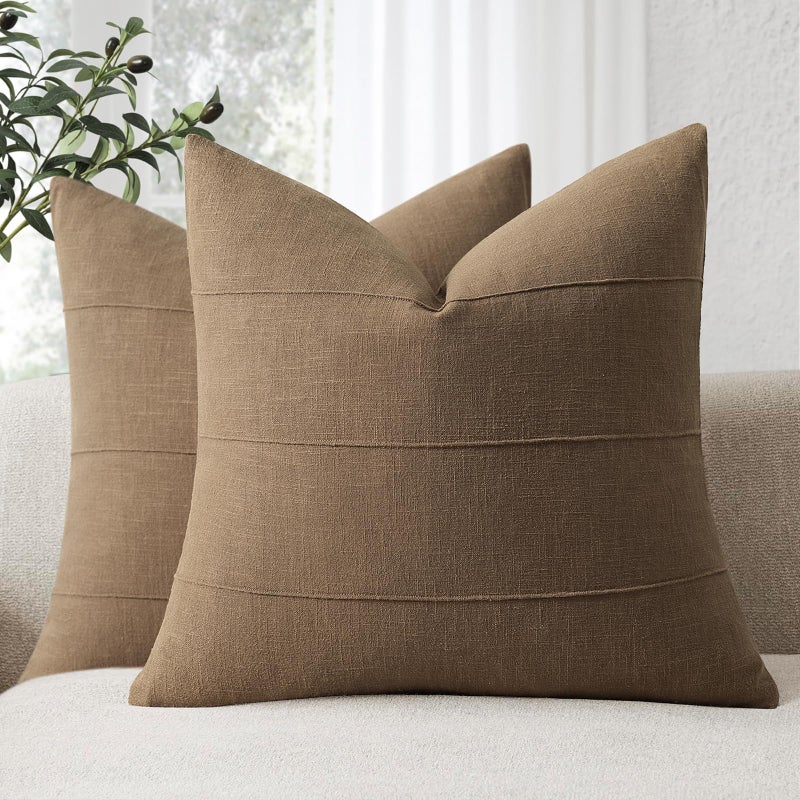 ZWJD Decorative Linen Throw Pillow Covers 18x18 Set of 2 Solid Handcrafted Striped Cushion Covers for Bed Soft Modern Farmhouse Neutral Pillowcase for Couch Bedroom Living Room Home DecorCoco Brown - Image 2