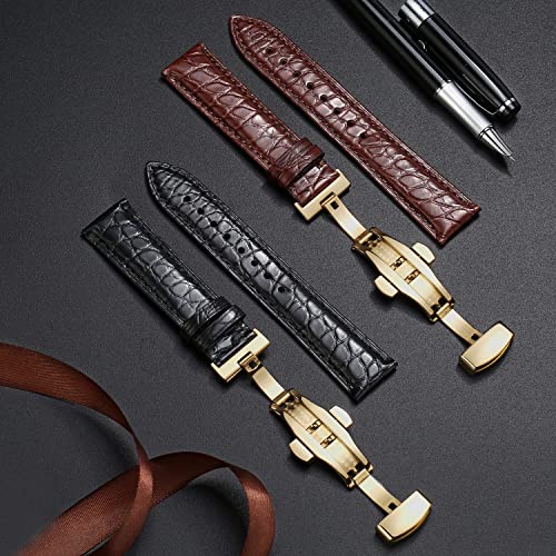 MORANO Moran Alligator Leather Watch Band Replacement Deployment Butterfly Buckle 18mm 19mm 20mm 21mm 22mm 23mm 24mm Crocodile Watch strap for Men and Women (Alligator Brown-Gold Buckle, 22mm) - Image 2