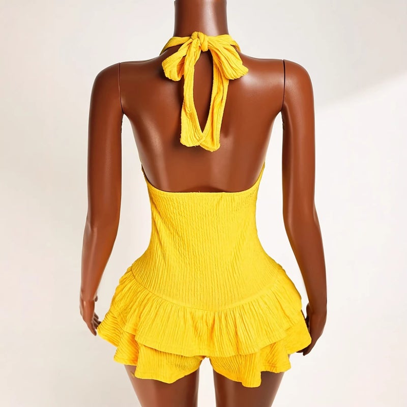 Yellow Halter Neck Jumpsuit with Pleated Waist and Double Skirt - Image 2