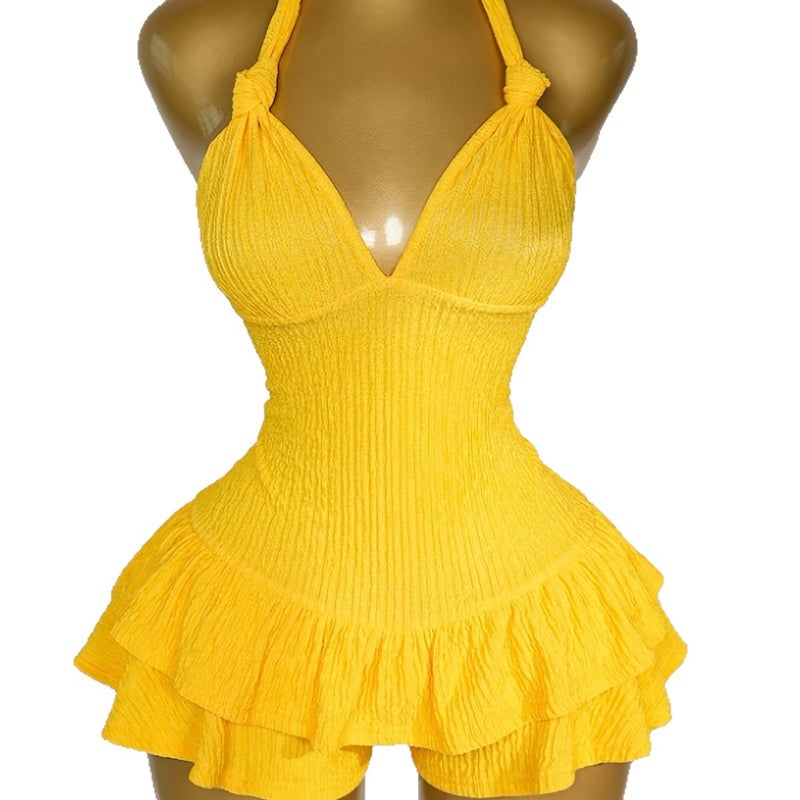 Yellow Halter Neck Jumpsuit with Pleated Waist and Double Skirt - Image 4