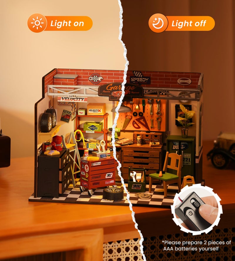 Rowood Miniature House Kit,DIY Miniature Dollhouse Craft Kits for Adults,Mini House Kits with LED,Birthday for Ages 14+(Garage Workshop) - Image 3