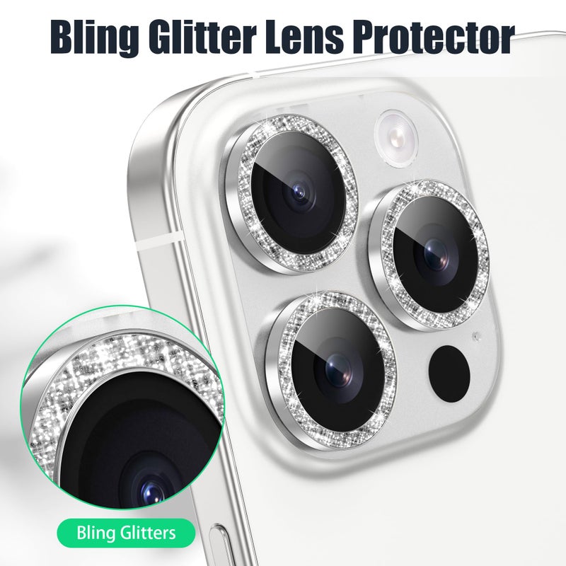 AGVEE 3+3 6 Pack for iPhone 16 Pro 6.3" / 16 Pro Max 6.9" Camera Lens Protector, Bling Diamond & Bling Glitter Metal Ring 9H Tempered HD Glass Camera Cover Film, Bling-Silver - Image 5