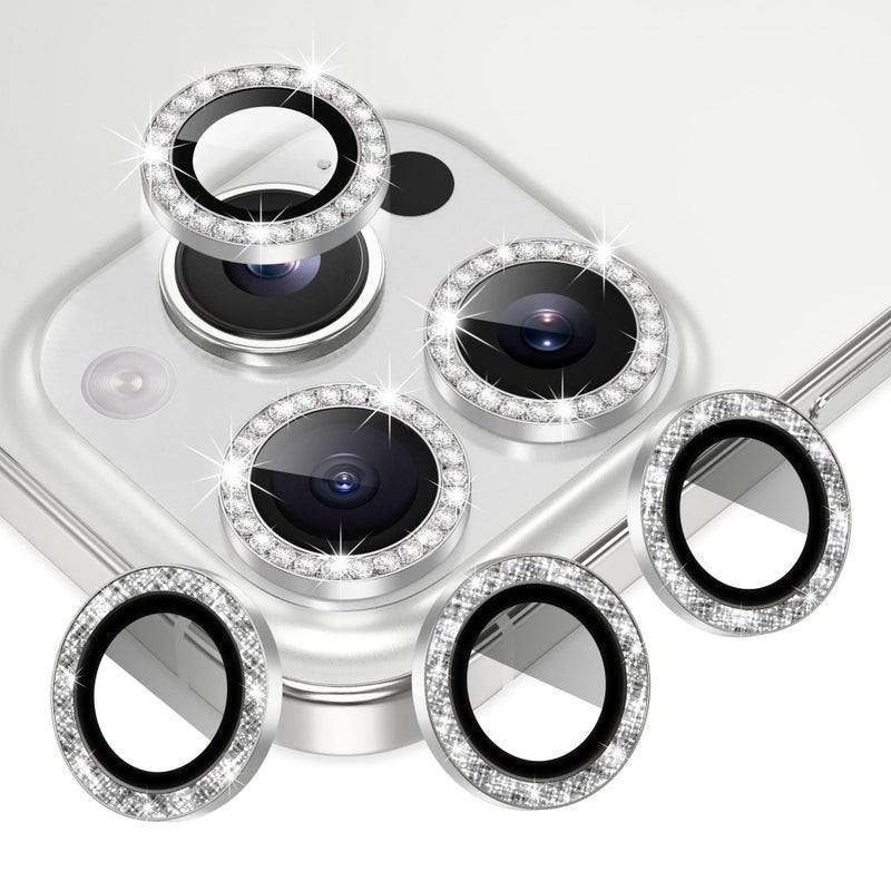AGVEE 3+3 6 Pack for iPhone 16 Pro 6.3" / 16 Pro Max 6.9" Camera Lens Protector, Bling Diamond & Bling Glitter Metal Ring 9H Tempered HD Glass Camera Cover Film, Bling-Silver - Image 1