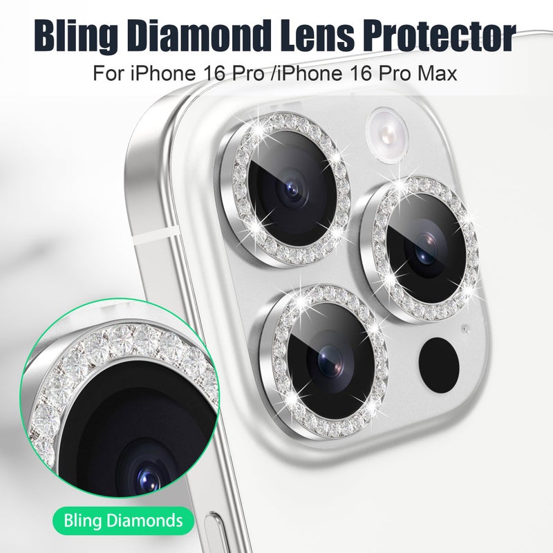 AGVEE 3+3 6 Pack for iPhone 16 Pro 6.3" / 16 Pro Max 6.9" Camera Lens Protector, Bling Diamond & Bling Glitter Metal Ring 9H Tempered HD Glass Camera Cover Film, Bling-Silver - Image 4