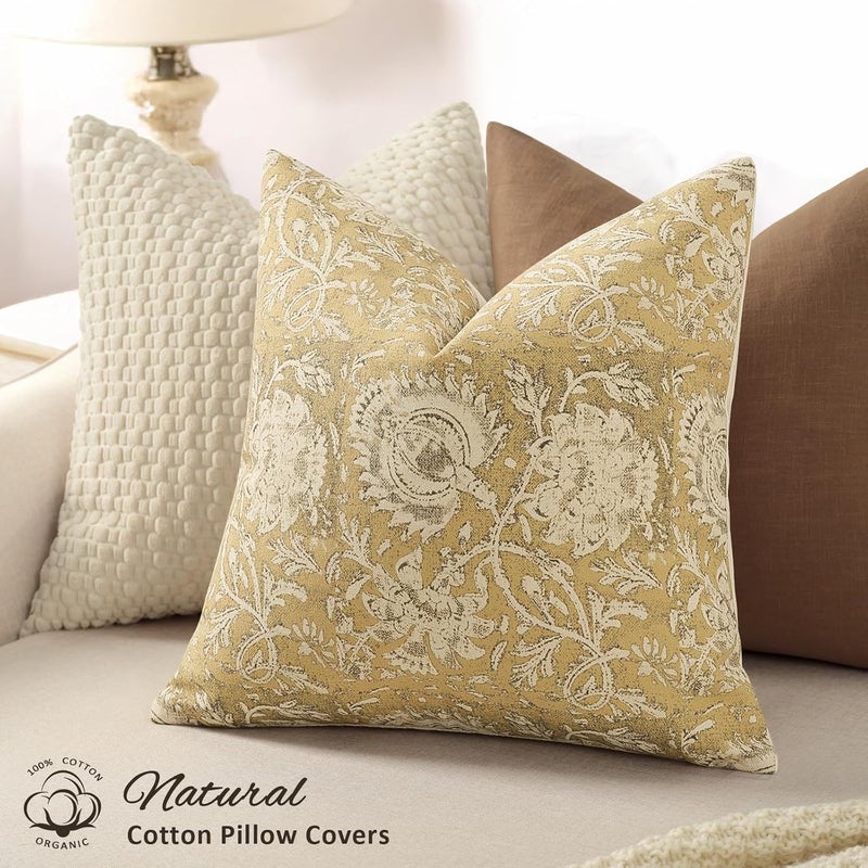 DKwizme Vintage Floral Print Throw Pillow Covers 18x18 Set of 2 Neutral Modern Farmhouse Pillowcases Accent Decorative Cushion Covers Boho Home Decor for Couch Sofa Chair Bed Living Room, Yellow - Image 2