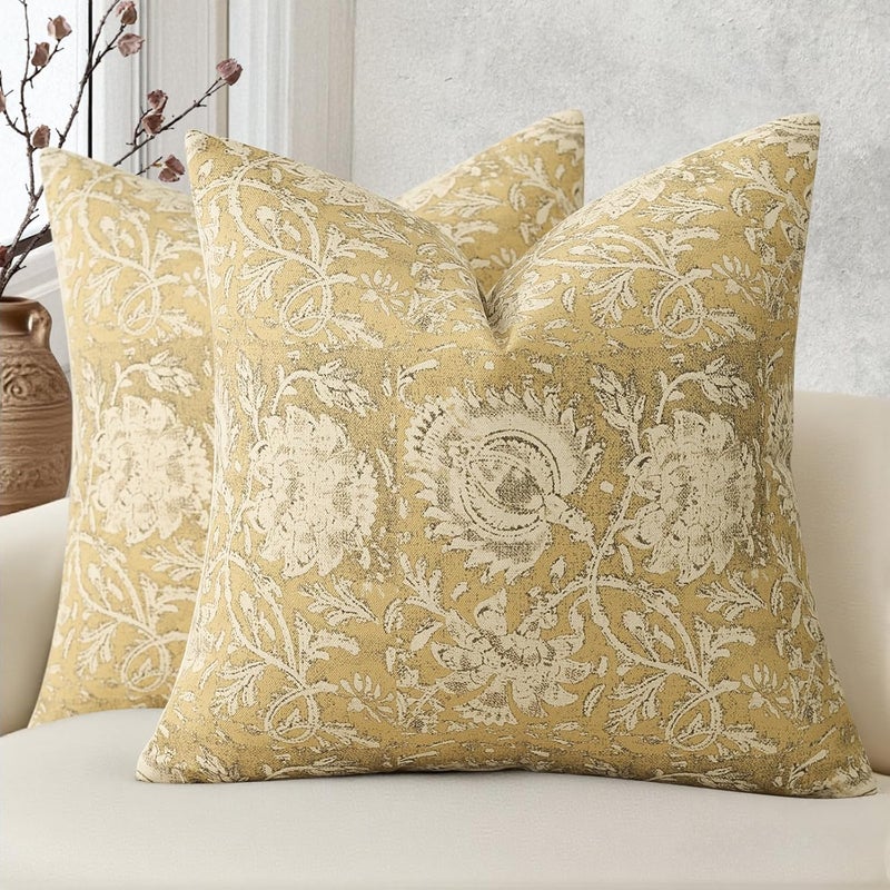 DKwizme Vintage Floral Print Throw Pillow Covers 18x18 Set of 2 Neutral Modern Farmhouse Pillowcases Accent Decorative Cushion Covers Boho Home Decor for Couch Sofa Chair Bed Living Room, Yellow - Image 1