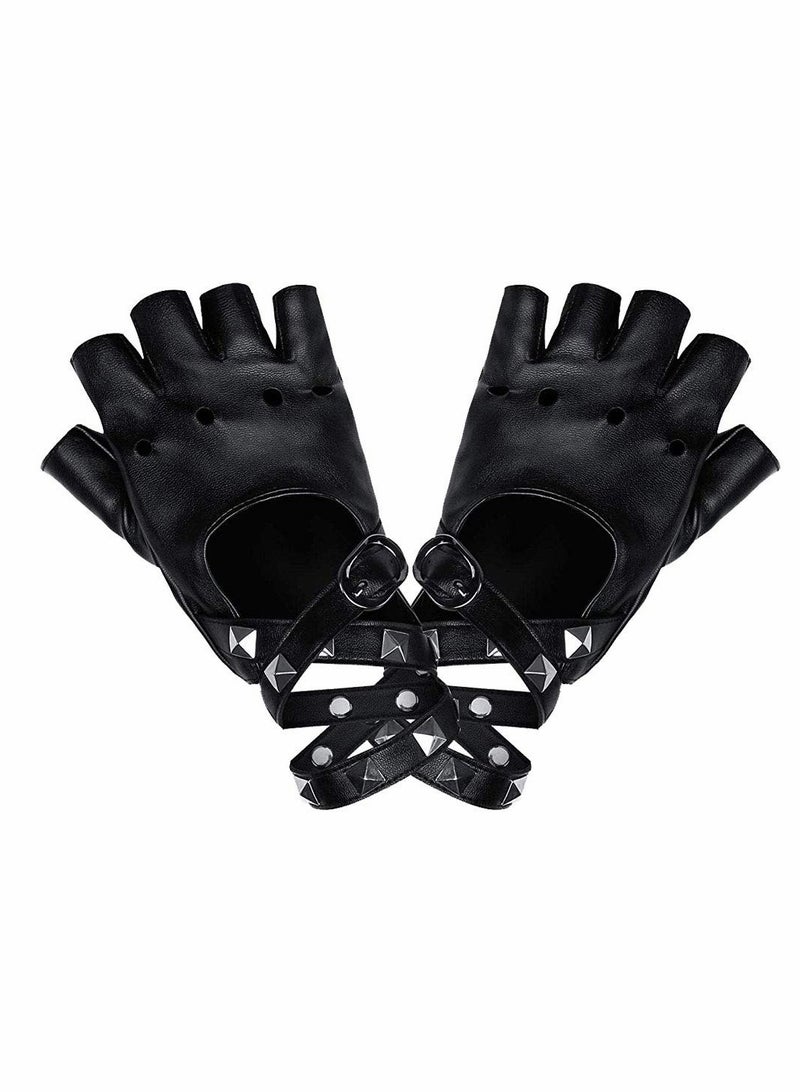 Excefore PU Gloves, Fingerless Punk Leather Gloves with Rivets Half Finger PU Leather for Hip Hop, Performances, Parties, Live House (Black) - Image 1