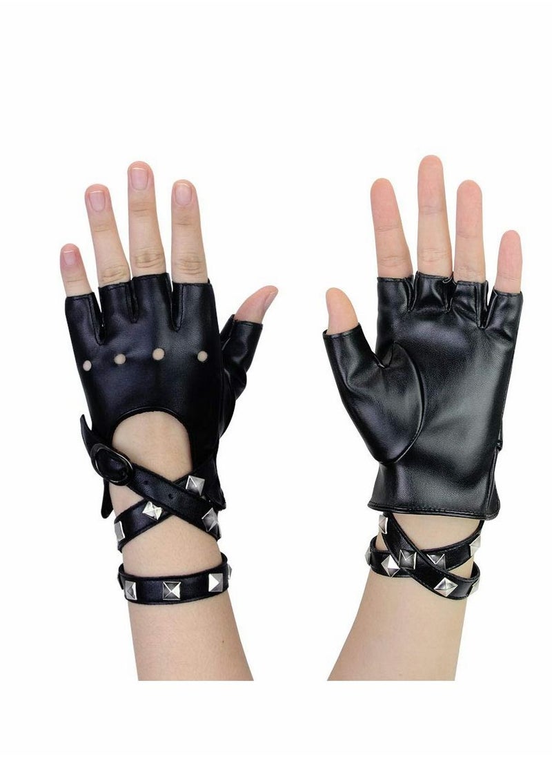 Excefore PU Gloves, Fingerless Punk Leather Gloves with Rivets Half Finger PU Leather for Hip Hop, Performances, Parties, Live House (Black)  - Image 4