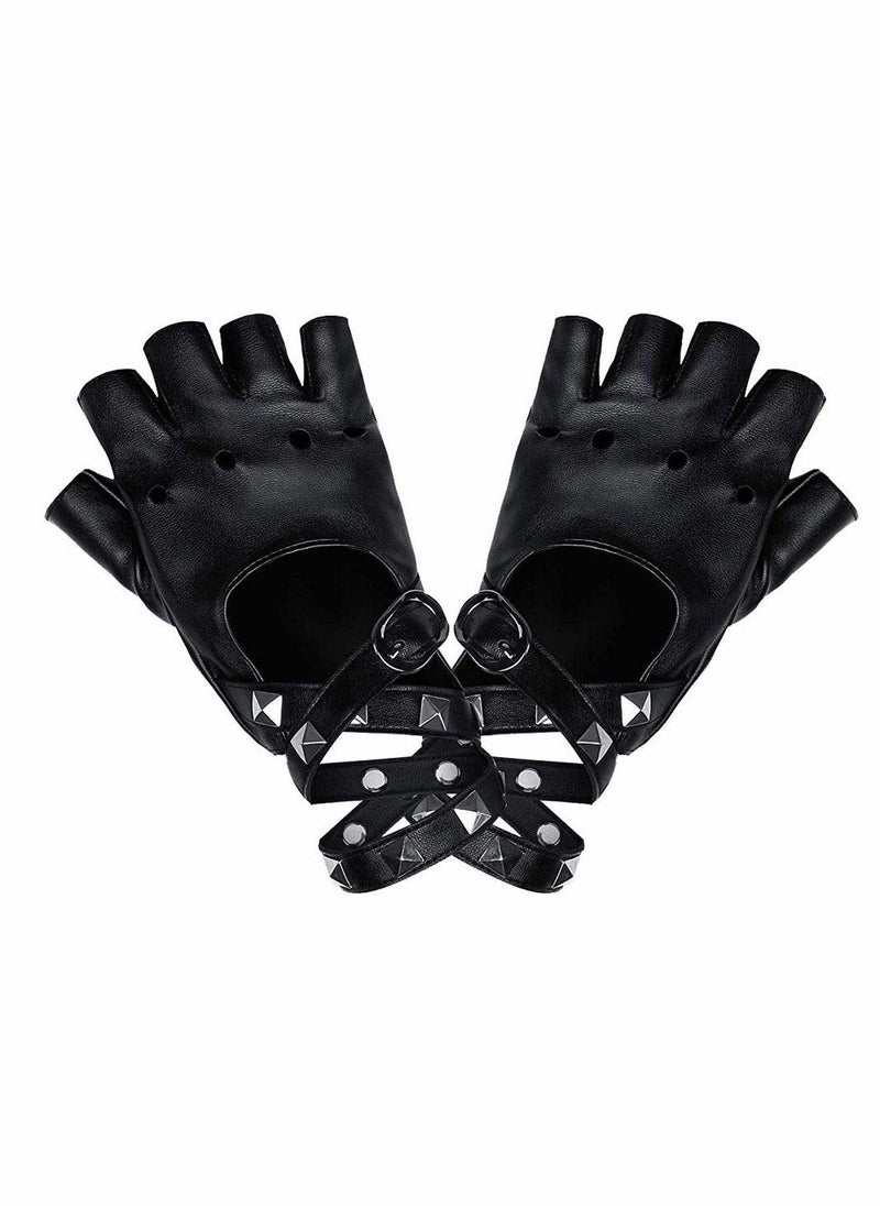 Excefore PU Gloves, Fingerless Punk Leather Gloves with Rivets Half Finger PU Leather for Hip Hop, Performances, Parties, Live House (Black)  - Image 1