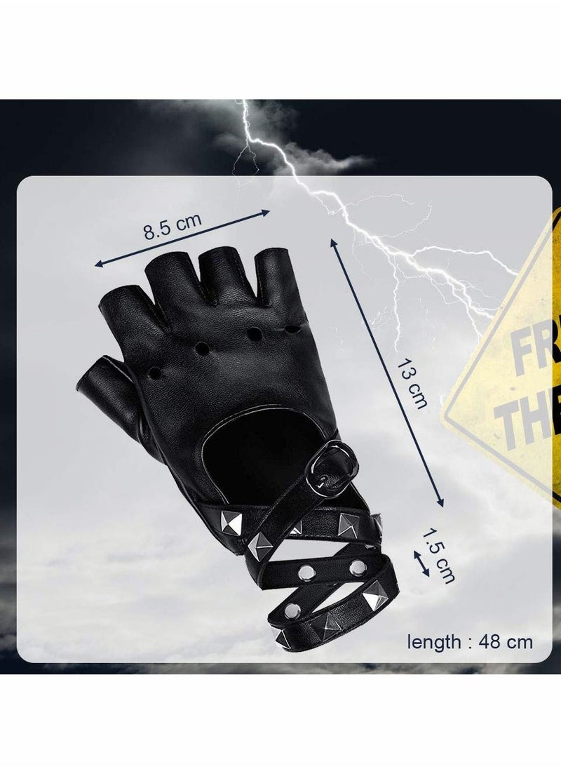Excefore PU Gloves, Fingerless Punk Leather Gloves with Rivets Half Finger PU Leather for Hip Hop, Performances, Parties, Live House (Black)  - Image 2