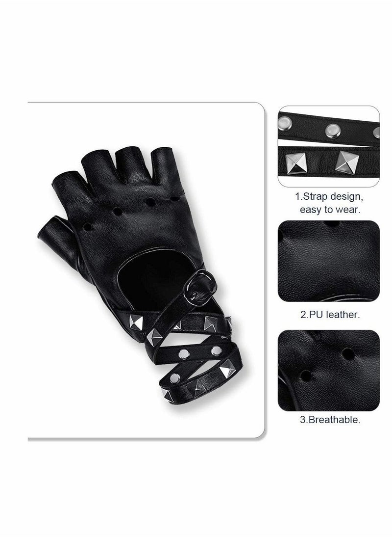 Excefore PU Gloves, Fingerless Punk Leather Gloves with Rivets Half Finger PU Leather for Hip Hop, Performances, Parties, Live House (Black)  - Image 3