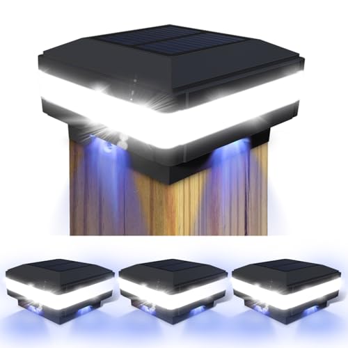 Sumaote Solar Post Cap Light, 52 LEDs 160 Lumen Outdoor Solar Post Light Fits 4x4 5x5 6x6 Wooden Posts IP65 Deck Fence Lights Platform Garden Patio 6000K White Lighting, Black Shell, 4 Pack - Image 1