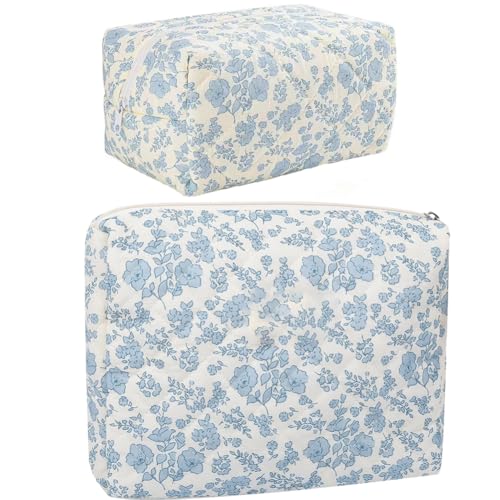 FITINI 2 Pcs Makeup Bag Large Cosmetic Bags Portable Travel Toiletry Case Organizer Cute Small Brushes Storage Pouch with Zipper for Women PurseQuilting Blue Flower - Image 1