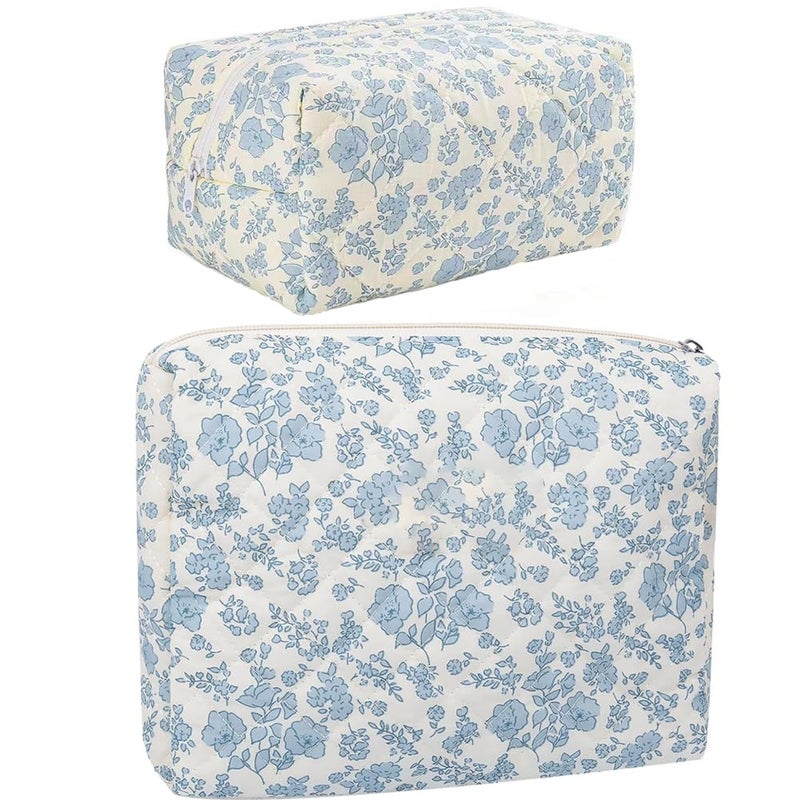FITINI 2 Pcs Makeup Bag Large Cosmetic Bags Portable Travel Toiletry Case Organizer Cute Small Brushes Storage Pouch with Zipper for Women PurseQuilting Blue Flower - Image 2