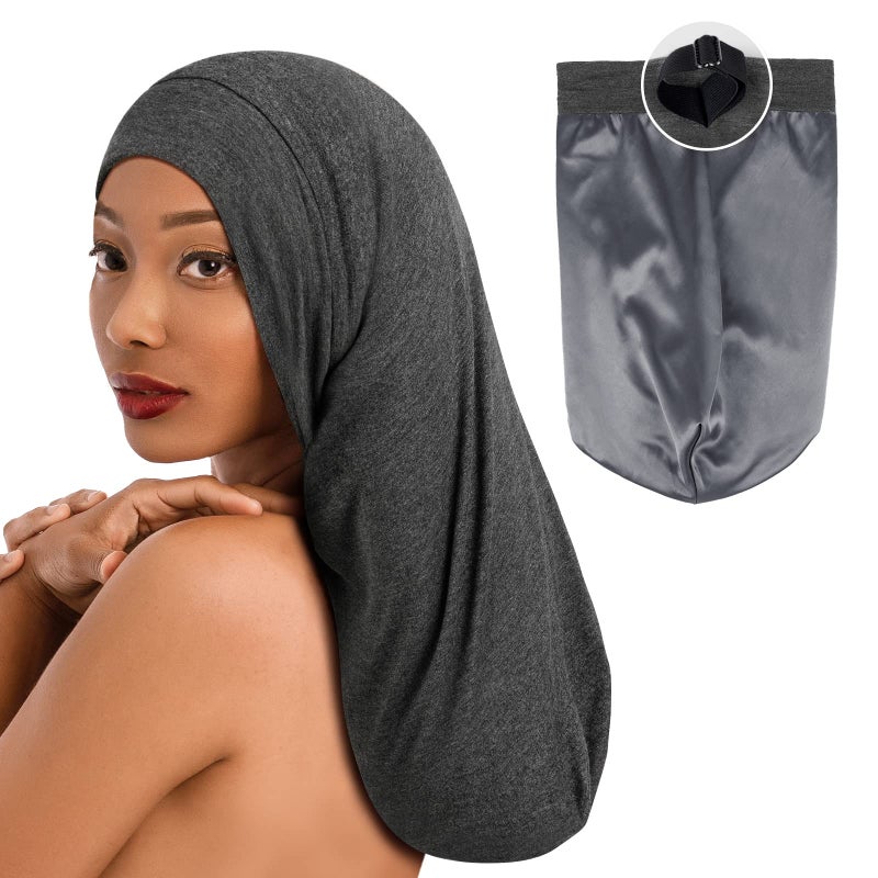 Fittia Long XL Silk Satin Bonnet for Braids, Dreadlocks for Curly Hair Sleeping, Large Silk Sleep Cap for Black Women Men Frizzy Hair - Image 1