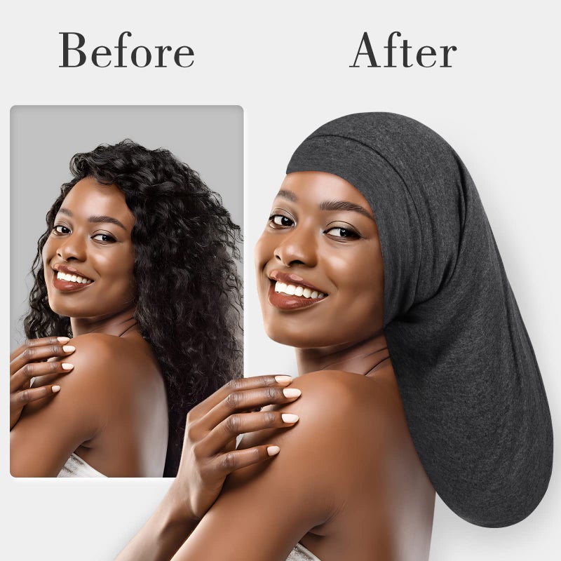 Fittia Long XL Silk Satin Bonnet for Braids, Dreadlocks for Curly Hair Sleeping, Large Silk Sleep Cap for Black Women Men Frizzy Hair - Image 3