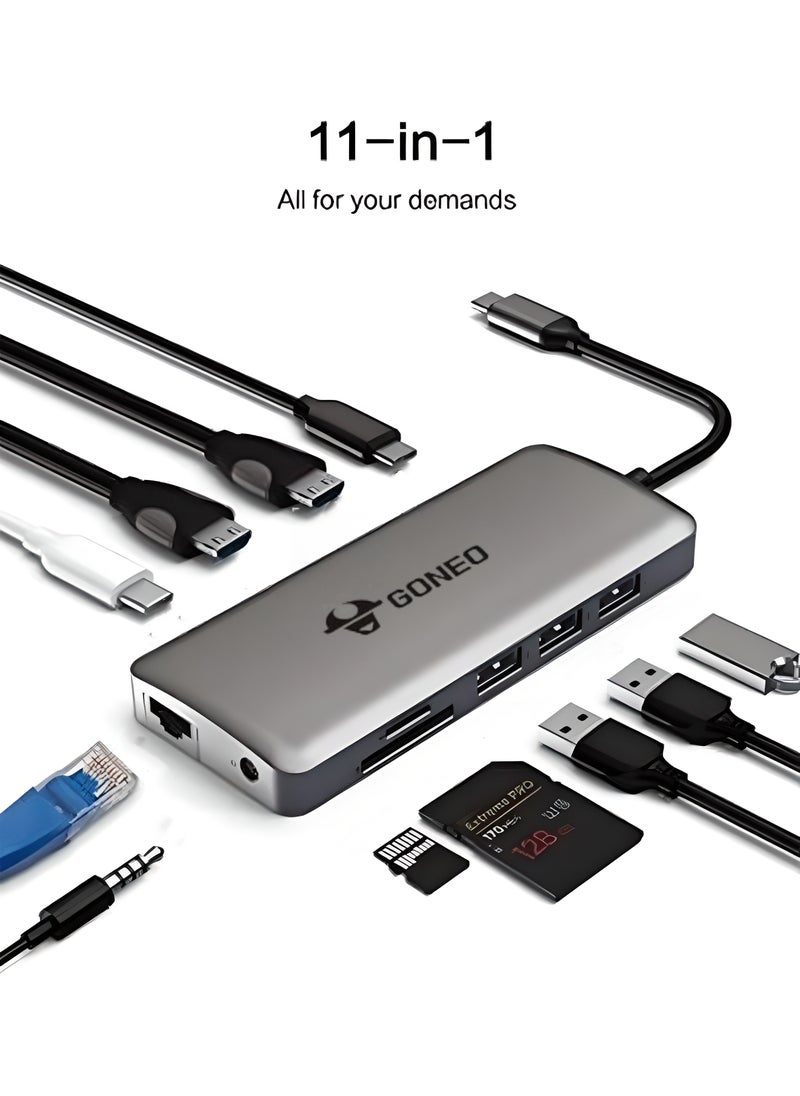GONEO 11 في 1 محطة إرساء USB C من النوع C محول متعدد المنافذ مع منفذي HDMI منفذ شاحن PD 100 وات 5 جيجابت في الثانية USB C 1000 ميجابت في الثانية منفذ إيثرنت USB C Dongle لأجهزة Dell XPS MacBook Hp Lenovo Samsung Galaxy