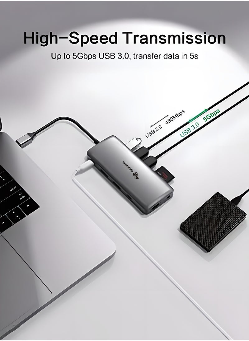 GONEO 11 في 1 محطة إرساء USB C من النوع C محول متعدد المنافذ مع منفذي HDMI منفذ شاحن PD 100 وات 5 جيجابت في الثانية USB C 1000 ميجابت في الثانية منفذ إيثرنت USB C Dongle لأجهزة Dell XPS MacBook Hp Lenovo Samsung Galaxy