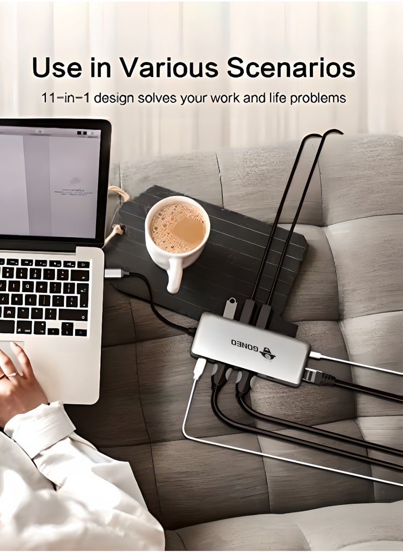 GONEO 11 في 1 محطة إرساء USB C من النوع C محول متعدد المنافذ مع منفذي HDMI منفذ شاحن PD 100 وات 5 جيجابت في الثانية USB C 1000 ميجابت في الثانية منفذ إيثرنت USB C Dongle لأجهزة Dell XPS MacBook Hp Lenovo Samsung Galaxy