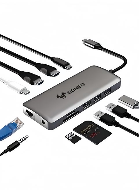 GONEO 11 في 1 محطة إرساء USB C من النوع C محول متعدد المنافذ مع منفذي HDMI منفذ شاحن PD 100 وات 5 جيجابت في الثانية USB C 1000 ميجابت في الثانية منفذ إيثرنت USB C Dongle لأجهزة Dell XPS MacBook Hp Lenovo Samsung Galaxy