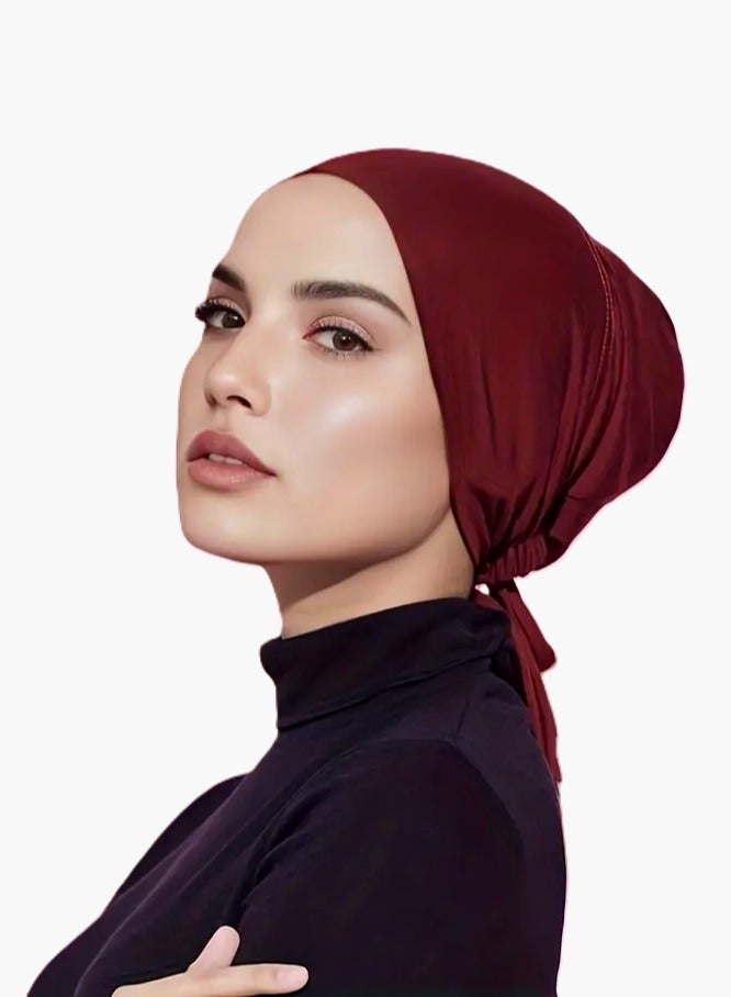 برفكتوري قبعة عمامة نسائية من الجيرسي مع رباط للإغلاق، وغطاء رأس إسلامي - النبيذ الاحمر  - Image 2
