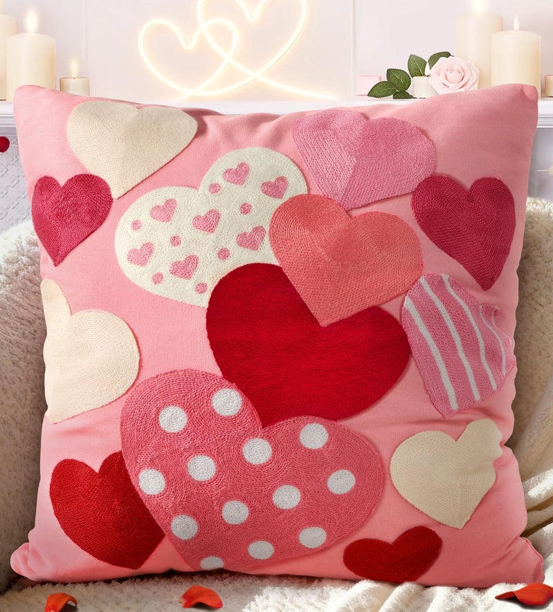 Kokaaee Valentines Pillow Cover 18x18 Inch - Embroidered Valentines Day Colorful Hearts Design Throw Pillow Cover Decorations Soft Cushion Case Home Decor for Couch, Sofa, or Bed(1 Pack) - Image 1