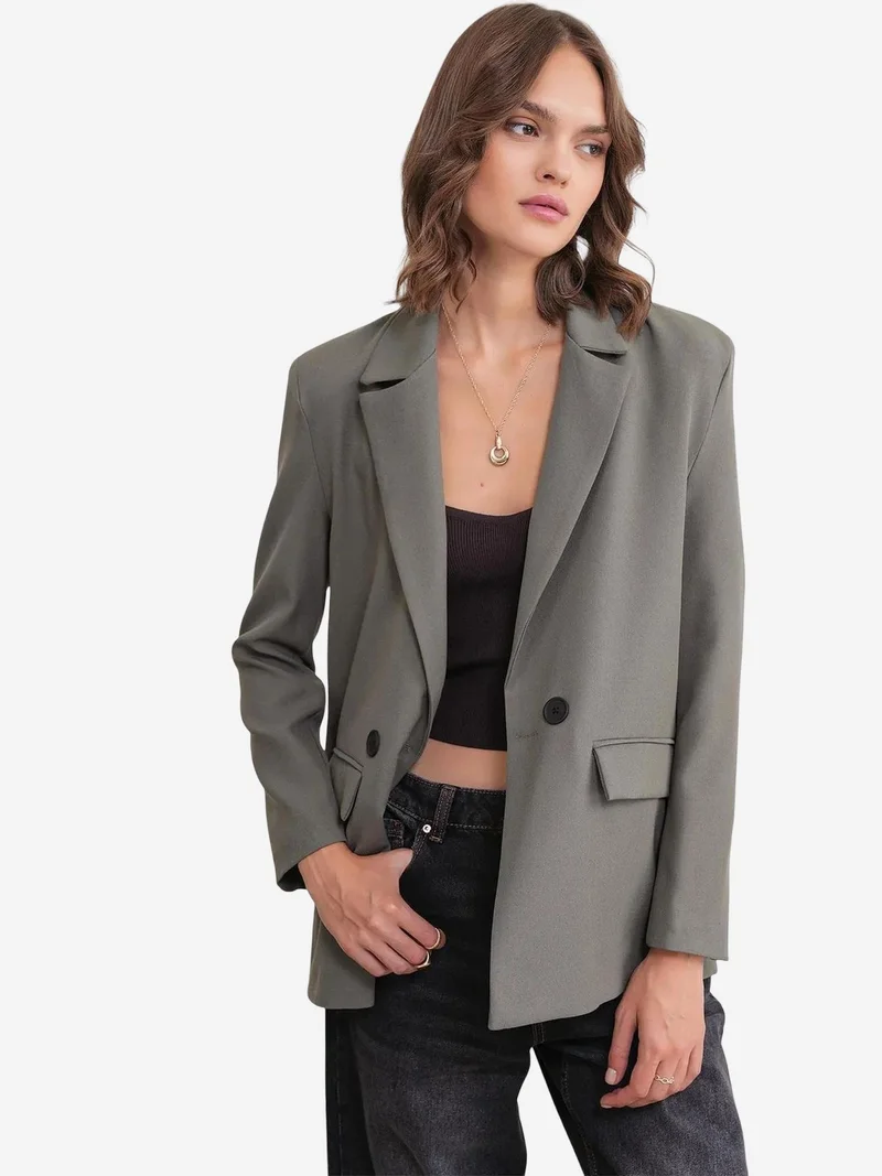Mixray Khaki Green Mixray Long Sleeve Buttoned Blazer for Women | Best Price UAE