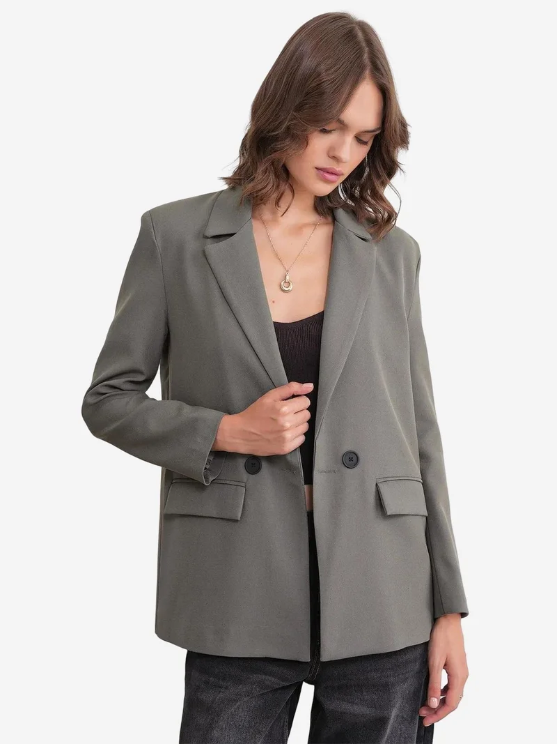 Mixray Khaki Green Mixray Long Sleeve Buttoned Blazer for Women | Best Price UAE