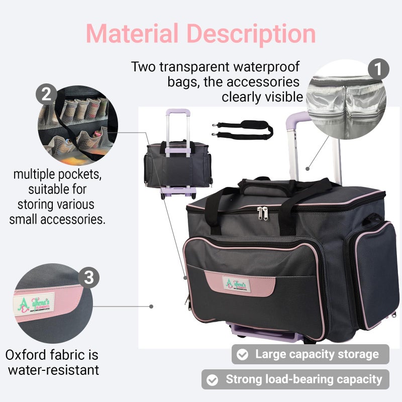 Athena's Elements Athena's Rolling Sewing Machine Case with 4 Wheels, Sewing Machine Carrying Case, Black with Purple Trim, Detachable Rolling Dolly, Multiple Storage Compartments, Standard Size (Silver Grey) - Image 2