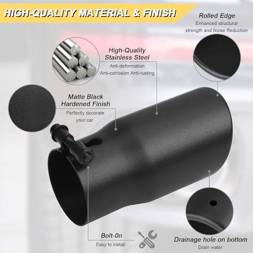 Vurkcy 2.5 inch Inlet Exhaust Tip, 3" Outlet 6" Overall Length Stainless Steel Exhaust Tail Pipe, Bolt-On, Polished Tailpipe, Black (Fit for Tailpipe Outlet is 2.5", must OD not the ID) - Image 2