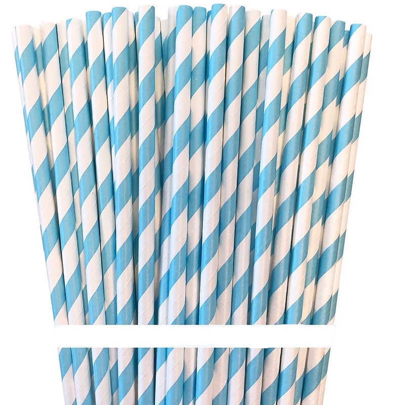 Shuiniba Biodegradable Striped Paper Straws Paper Drinking Straws for Party  Events and Crafts Baby Shower Decorations 7.75 Inches 100 Packs - Light Blue White - Striped - Image 1