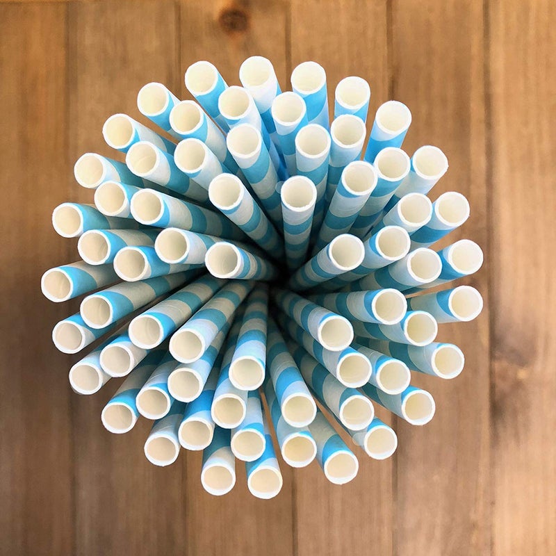 Shuiniba Biodegradable Striped Paper Straws Paper Drinking Straws for Party  Events and Crafts Baby Shower Decorations 7.75 Inches 100 Packs - Light Blue White - Striped - Image 3