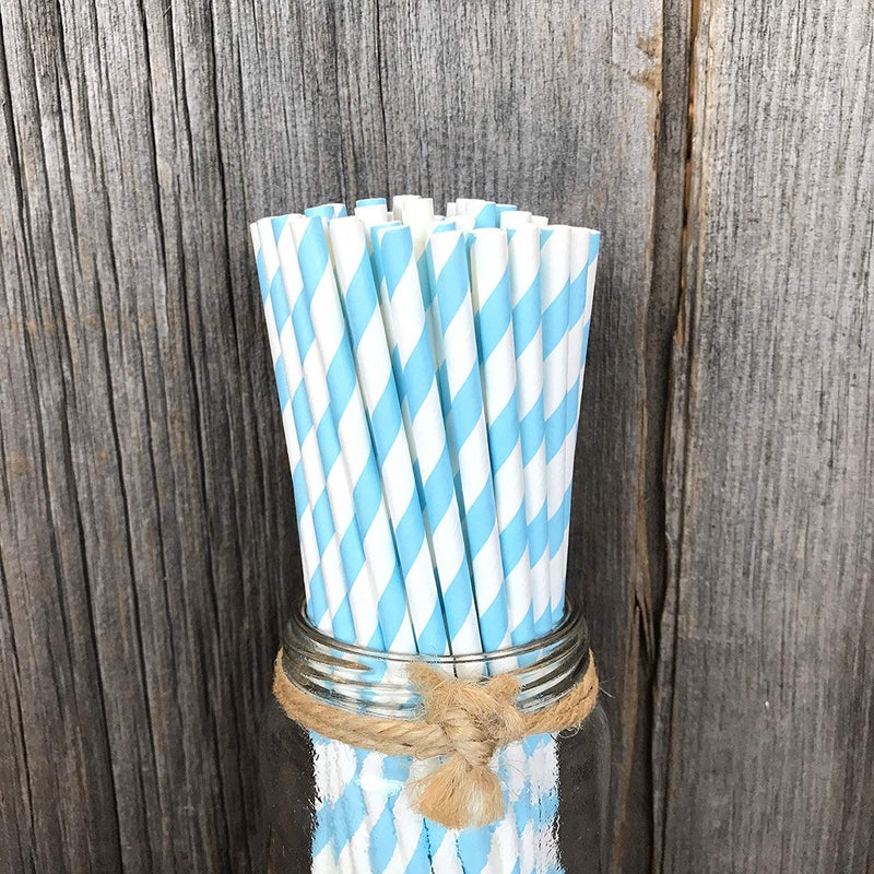 Shuiniba Biodegradable Striped Paper Straws Paper Drinking Straws for Party  Events and Crafts Baby Shower Decorations 7.75 Inches 100 Packs - Light Blue White - Striped - Image 4