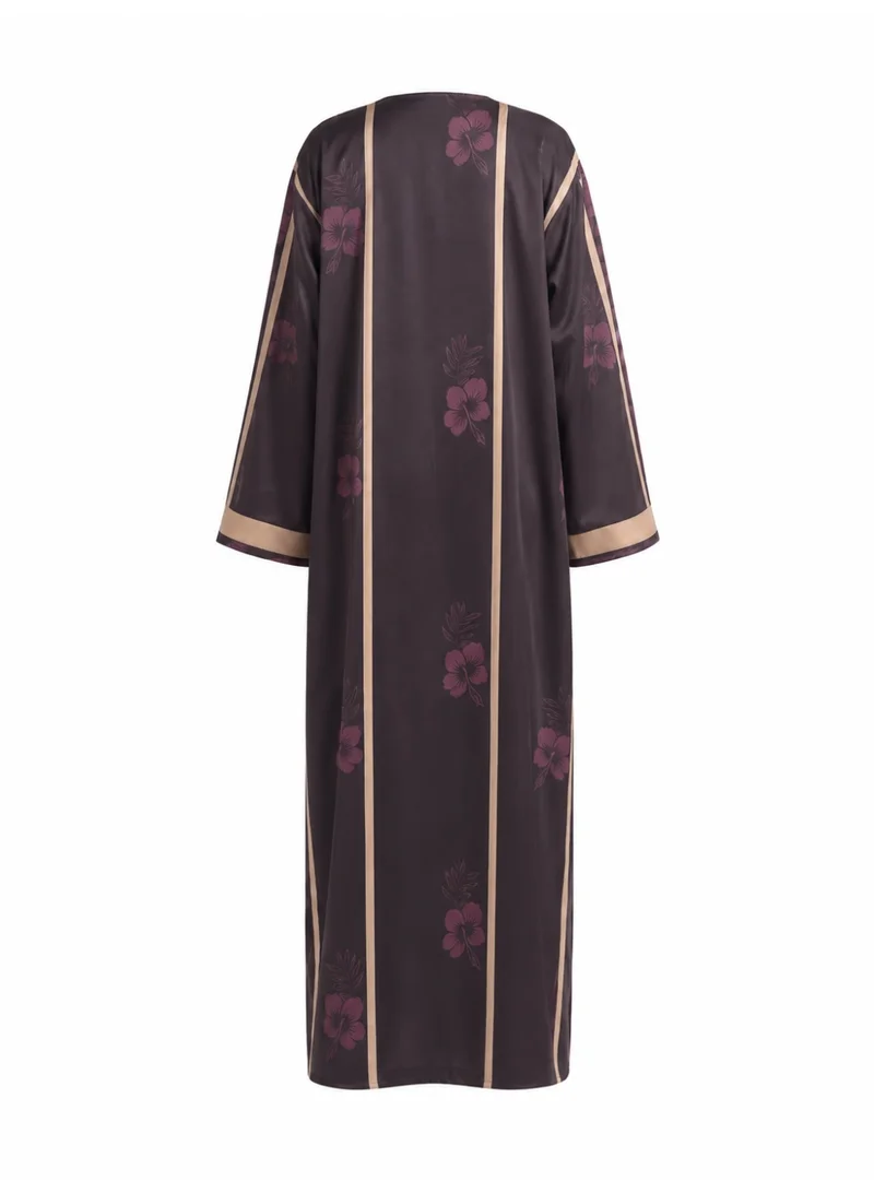 Amnad International Plum Blossom Stripe Silk Abaya with Matching Chiffon Hijab - Deep Plum, Champagne & Mocha, Sizes 52-60 inches