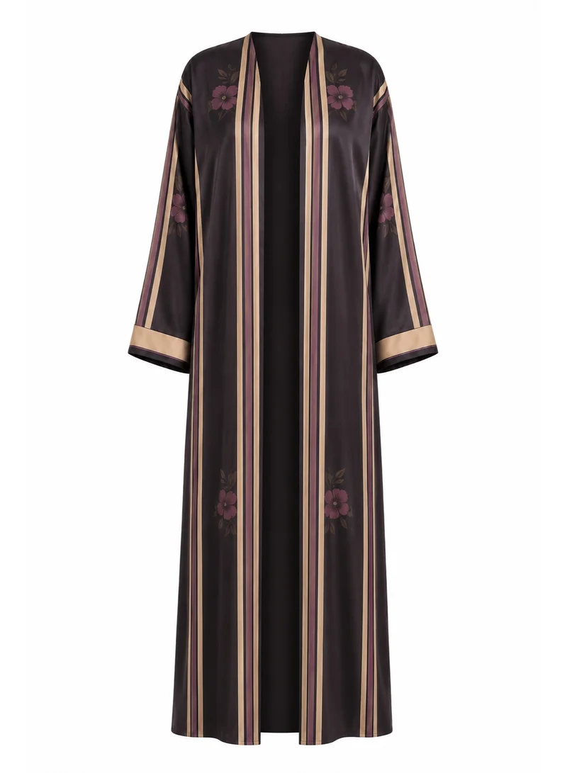 Amnad International Plum Blossom Stripe Silk Abaya with Matching Chiffon Hijab - Deep Plum, Champagne & Mocha, Sizes 52-60 inches