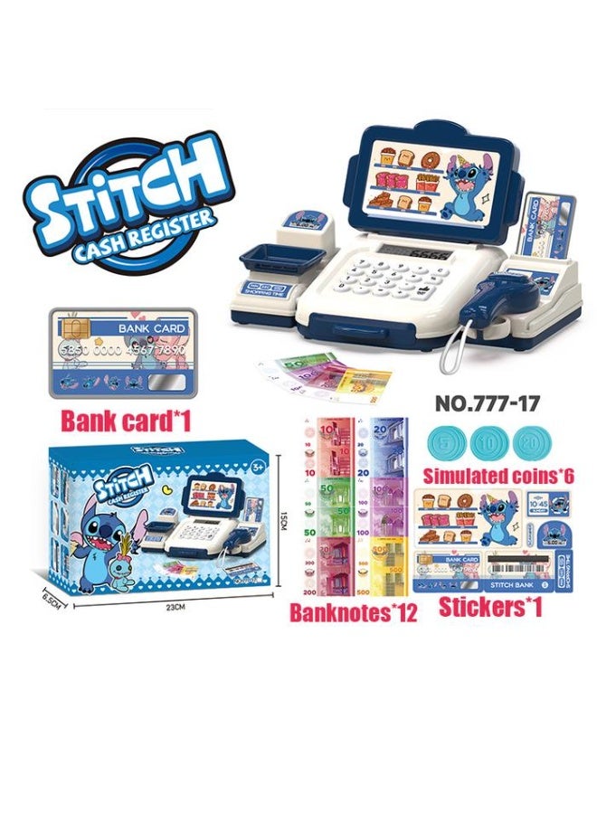 Cash Register for Kids Pretend Play Cashier Toy with Electronic Sounds, Scanner, Pretend Play Money, Pre-School Gift for Toddler - Stitch