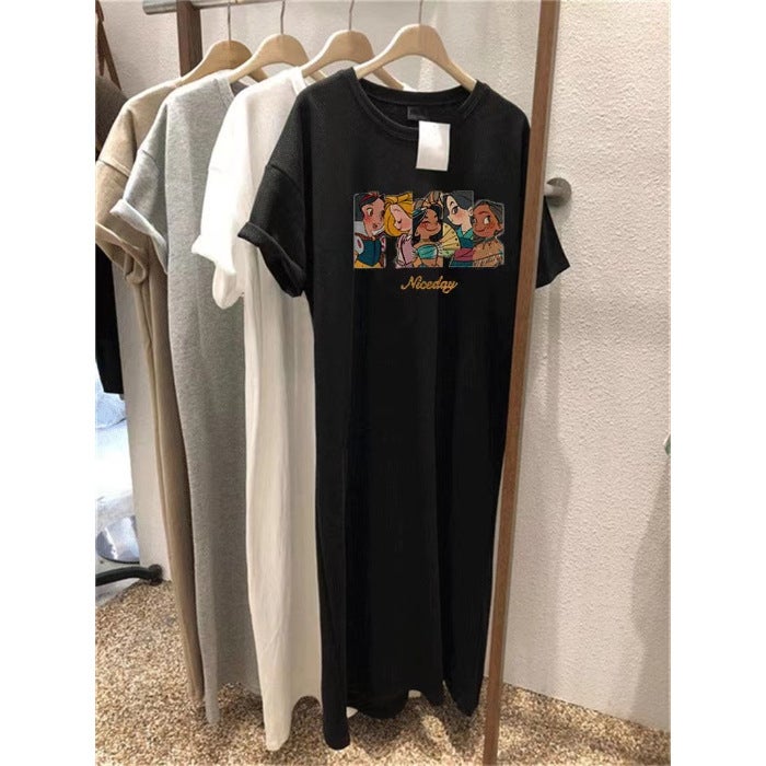 Short-sleeved Womens Summer Loose Long T-shirt Over-the-knee Long Dress Students Cartoon Printed Ins South Korea Western Style Lazy Dress Black - Image 1