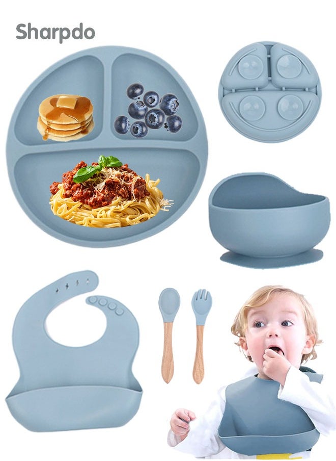 Sharpdo 5-Pieces Silicone Baby Feeding Set, Baby Led Weaning Supplies with Suction Bowl and Divided Plate, Wooden Spoon and Fork, Toddler Tableware Set with Adjustable Soft Silicone Bib  - Image 1