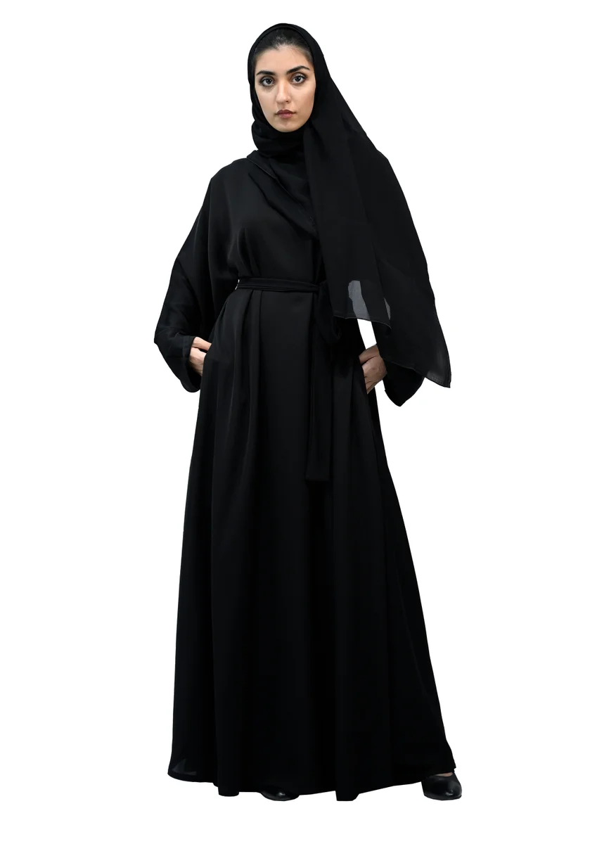 NUKHBAA Elegant Black Abaya with matching belt and Hijab-716