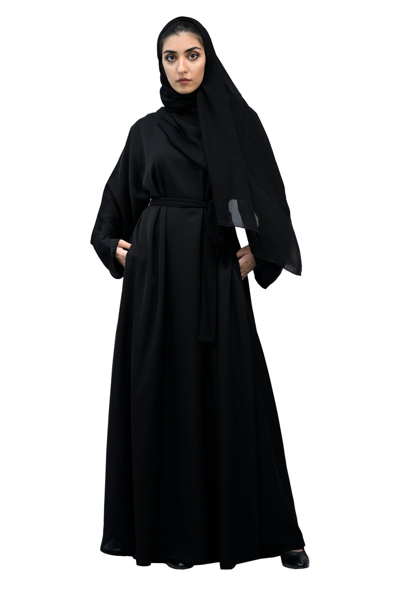 النخبة عباية سوداء أنيقة مع حزام وحجاب متطابق - 716 - Image 1