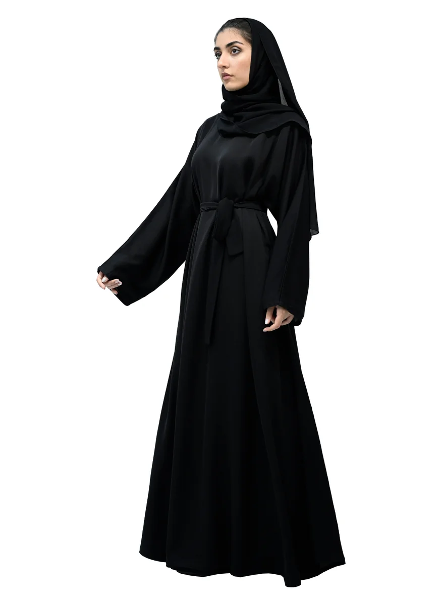 NUKHBAA Elegant Black Abaya with matching belt and Hijab-716