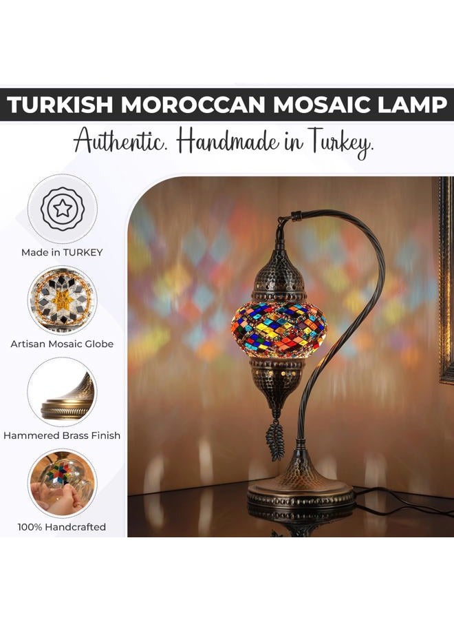 DEMMEX Turkish Moroccan Mosaic Table Lamp – Handcrafted Swan Neck Bedside & Desk Light, Tiffany-Style Mosaic Glass, 39 cm Height, LED Bulb Included - Image 2