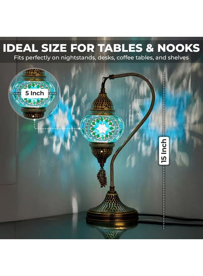 DEMMEX Turkish Moroccan Mosaic Table Lamp – Handcrafted Swan Neck Bedside & Desk Light, Tiffany-Style Mosaic Glass, 39 cm Height, LED Bulb Included - Image 3